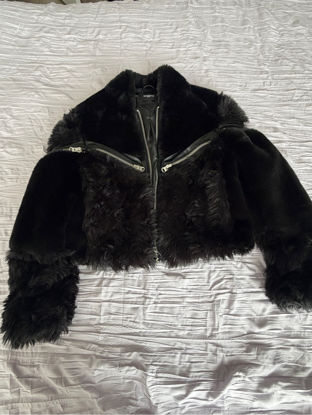 The Kooples Black Faux Fur Cropped Bomber Jacket